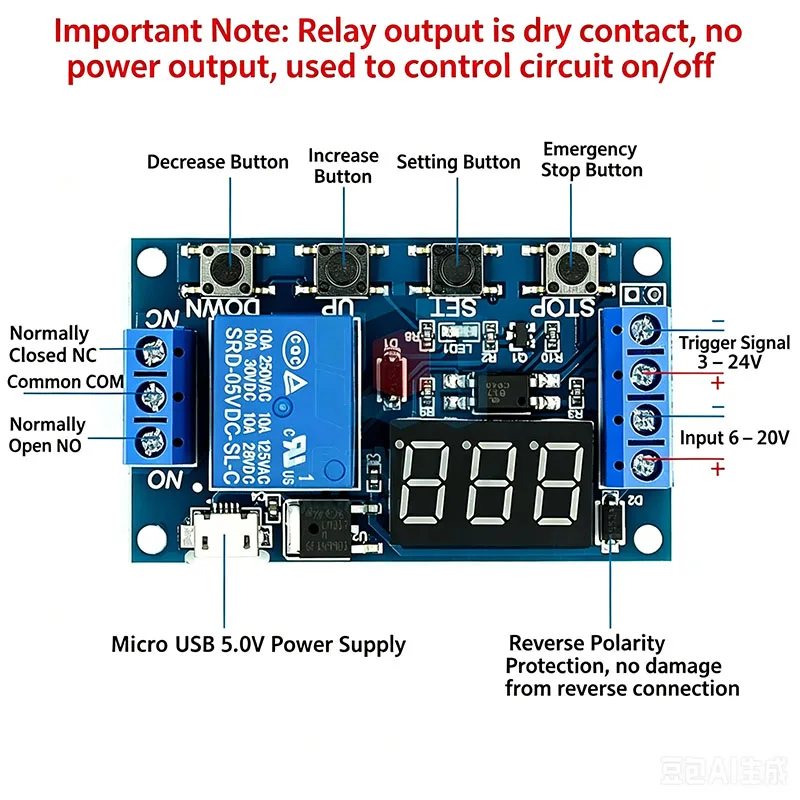 DC 6-30V 5A Delay Off Timer Relay Module Trigger Delay Cycle Timing Circuit Switch for Automation Control