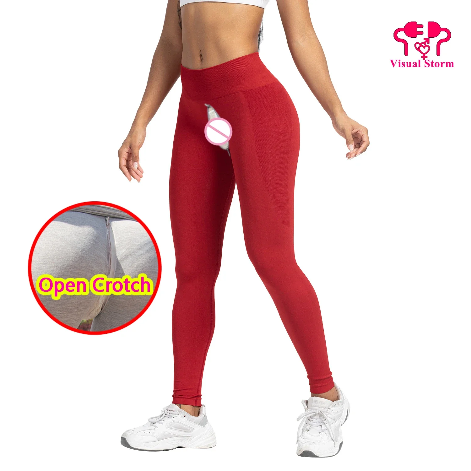 Women Sexy Open Crotch Leggings Couple Outdoor Sex Crotchless Push Up Pants Intimate Adult Double Hidden Zippers Elastic Panties