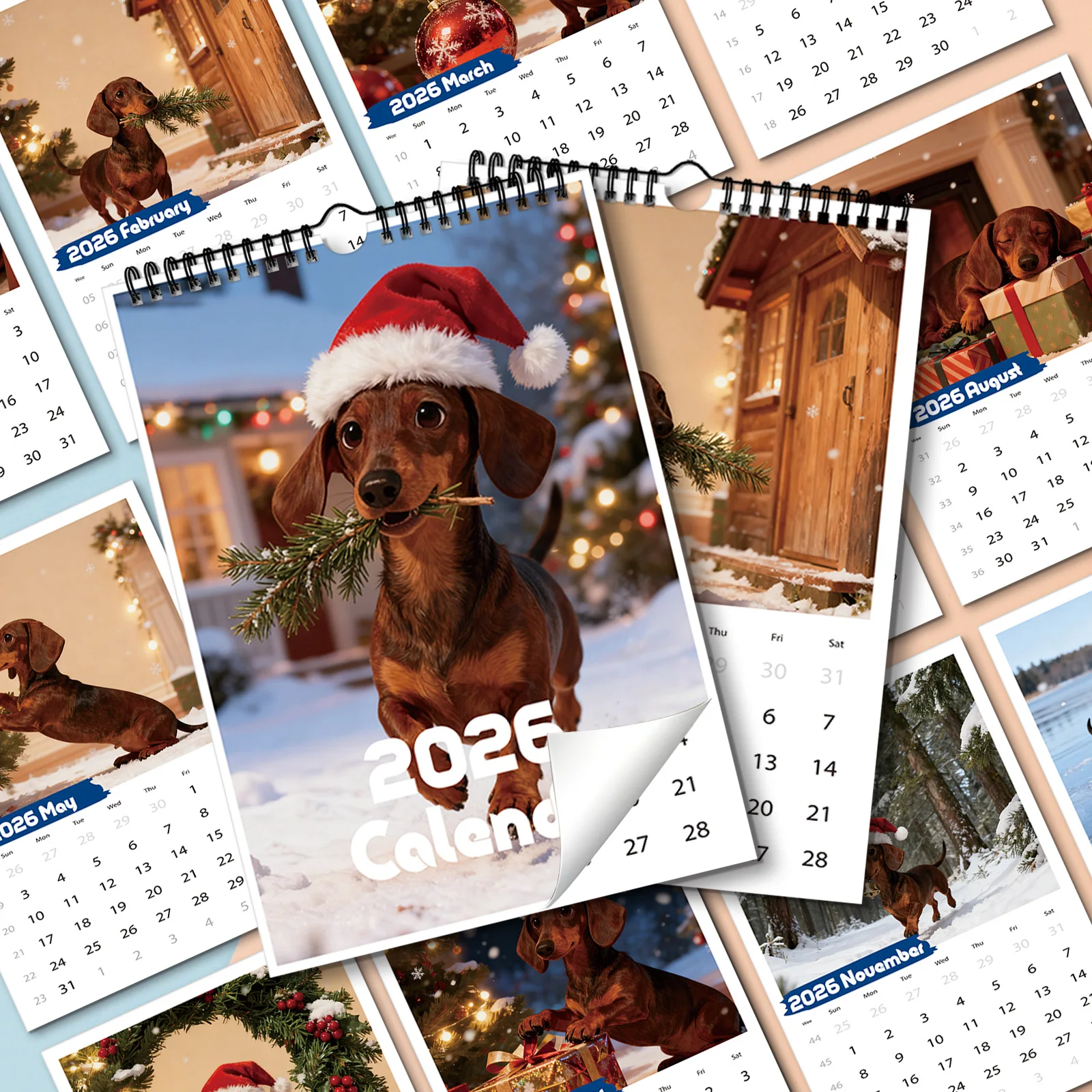 

1PC 2026 Christmas Dachshund-themed Calendar, Suitable for Festive Decorations, with Date Display, A Great Christmas-themed Gift