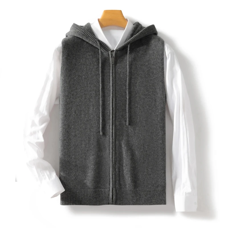 100% Wool Vest For Men V-Neck Knitted Pullover Vest Autumn and Winter New Casual Men's hooded Waistcoat Solid color Tops