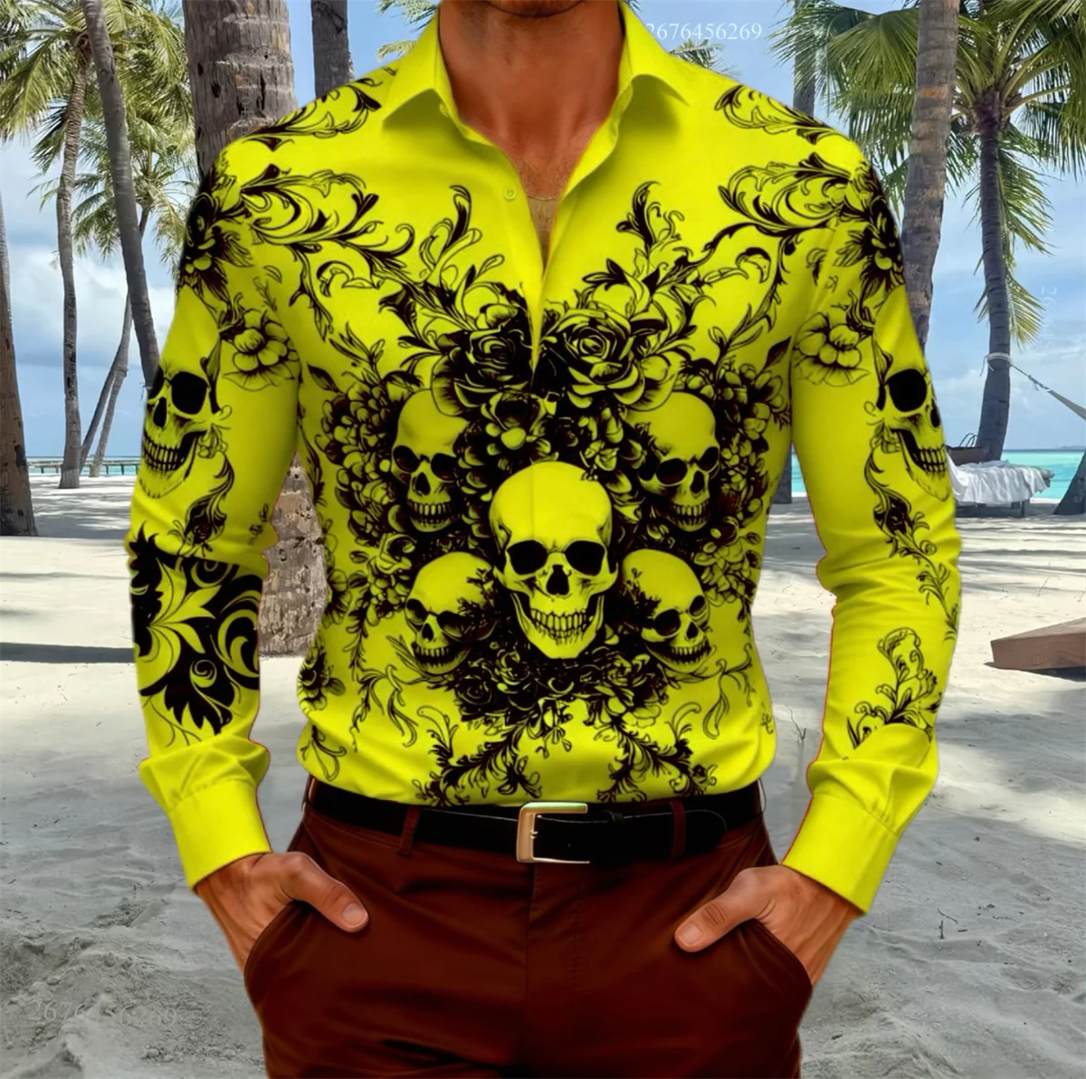 15-цветная мужская рубашка с длинными рукавами и принтом черепа и крыла летучей мыши для вечеринок и повседневной одежды: изысканный череп и орнаментный узор