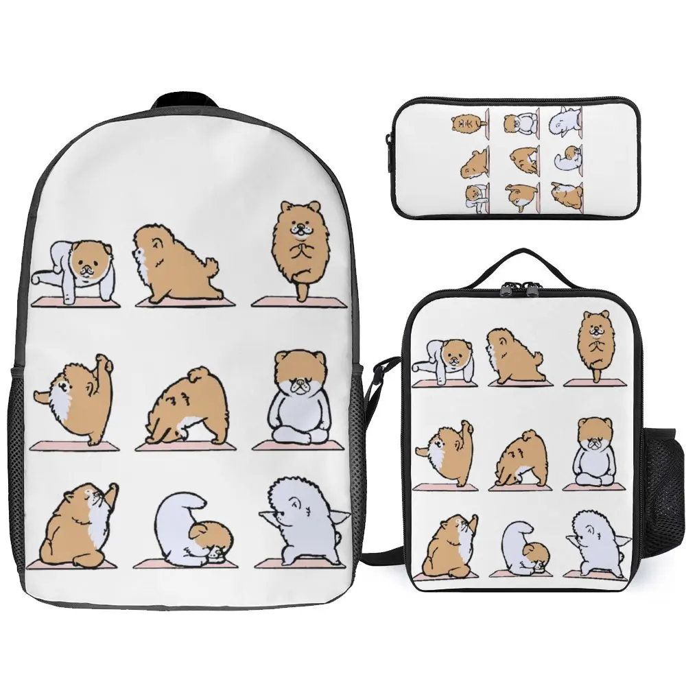 

Pomeranian Yoga For Sale 3 in 1 Set 17 Inch Backpack Lunch Bag Pen Bag Picnics Casual Graphic Durable Pencil Case Cozy