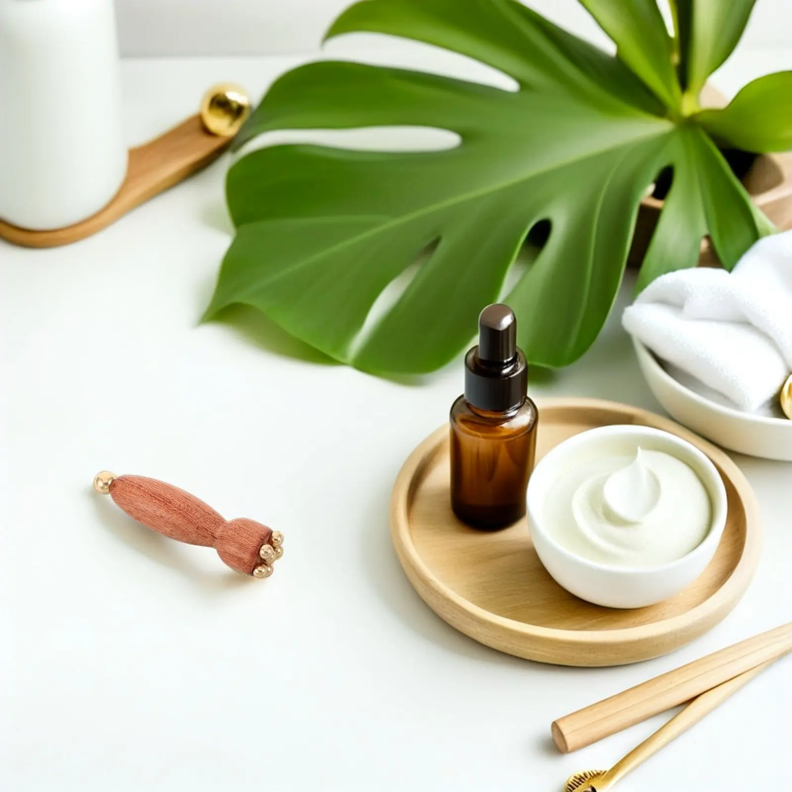 Wooden Eye Roller Massager Wood Copper Beads Under Eye Massage Tool Mini Lotus Pod Shape Facial Roller Spa Face