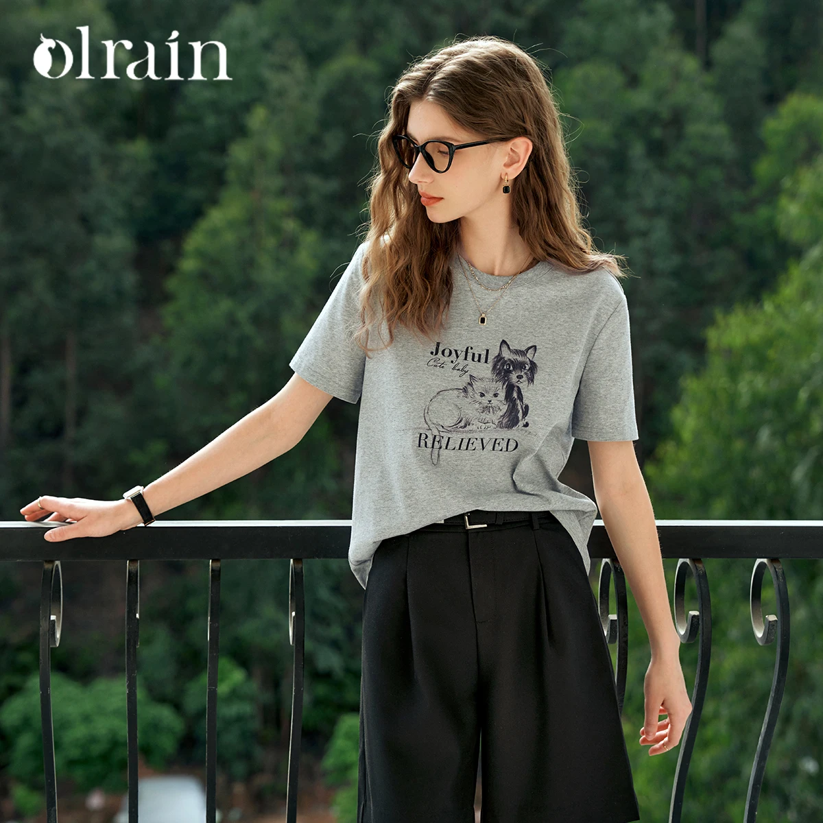 

OLrain Women's Summer 2025 French Shoulder 100% Cotton T-Shirt Grey Printed Ladies Short Sleeve Woman Crop Clothing O57XT91526