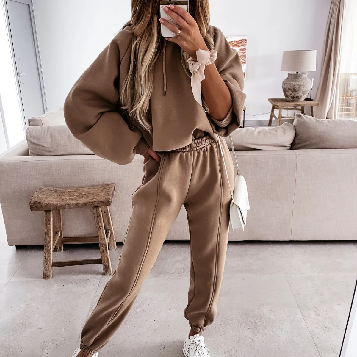 

Women's Sports Casual Hooded Sweatshirt Suit 2-piece Fleece-Lined Plus Size Long Sleeve Pure Color Simple Pants Outfits