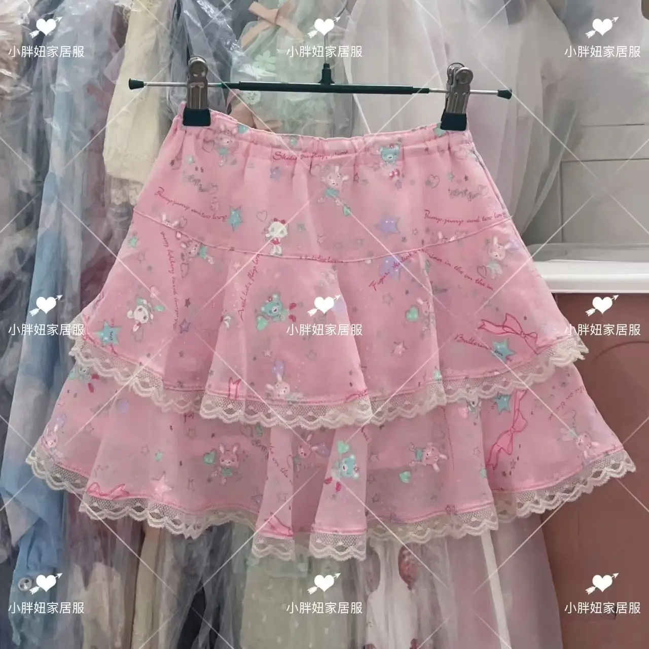 Summer New All Match Sweet Girl Fairy Y2k Skirt Japanese MP Cartoon Printed Lace Ruffle Edge Cute Pink Princess Mini Skirt