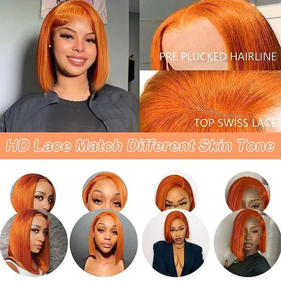 Peruca dianteira do laço marrom de gengibre, Osso peruca reta, Cabelo humano indiano cru, Laranja Ginger Lace Frontal Wig, Peruca curta Bob, 180%