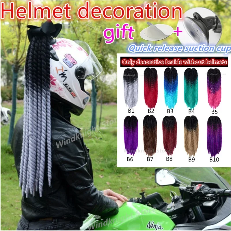 New Motorcycle Helmet Braided Women\'s Wig Motorcycle Helmet Multi color Twisted 12 Horsetail with Suction Cup Helmet Decoration