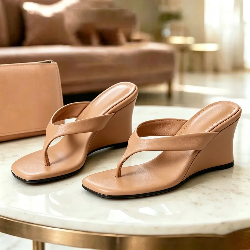 Aneikeh 2026 Sandalias de Plataforma de Cuero Nude para Verano, Sandalias de Cuña con Punta Cuadrada Abierta para Mujer, Mules sin Cordones, Sandalias Mujer