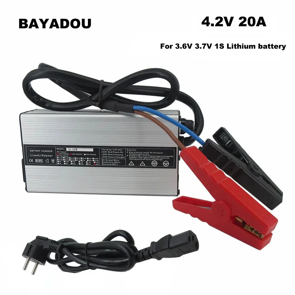 4.2V 20A Li Ion Fast Charger 1S 3.6V 3.7V 100AH 200AH Lithium Lipo Energy Storage Solar System Battery Cell Charger Clips