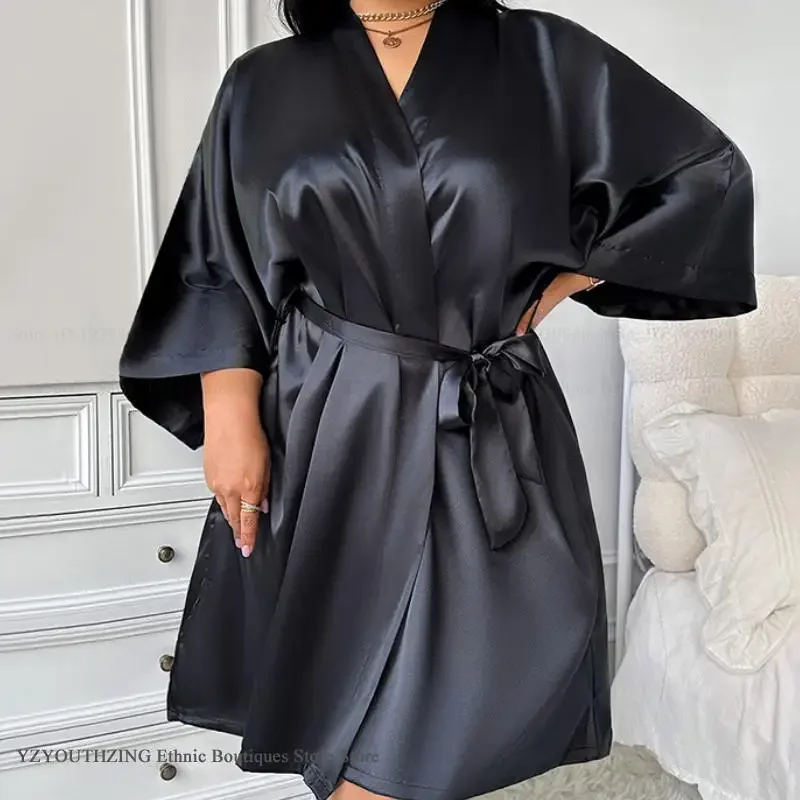 

Большой размер 3XL 4XL 5XL, женский халат, одежда для дома, черное шелковое атласное кимоно, банное платье, сексуальное домашнее платье, одежда для сна, свободная одежда для дома