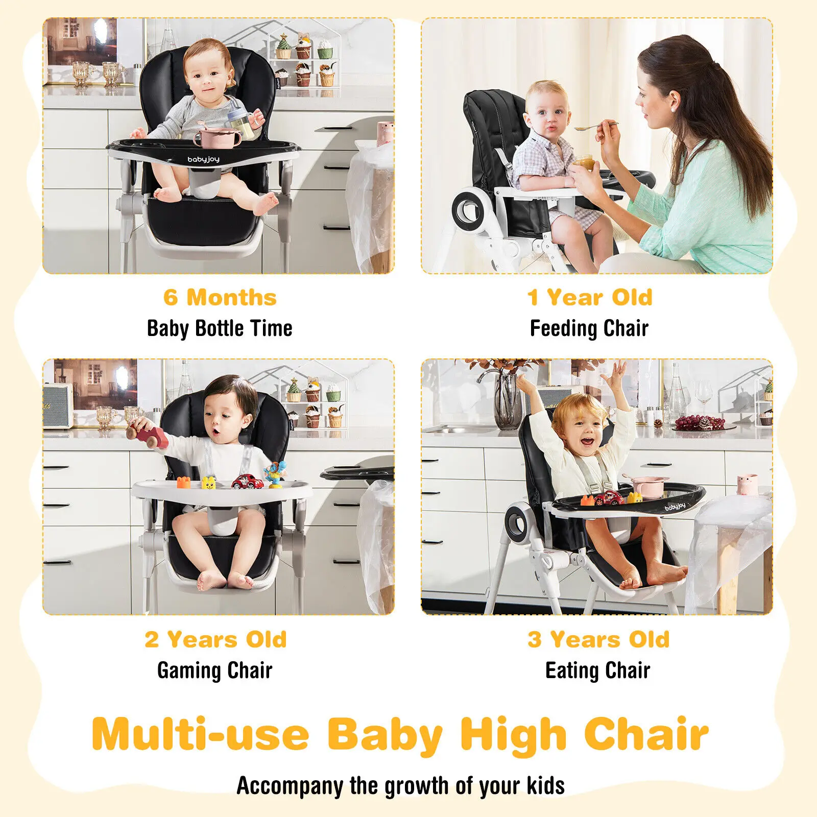 Babyjoy Baby High Chair Foldable Feeding Chair w/ 4 Lockable Wheels Black