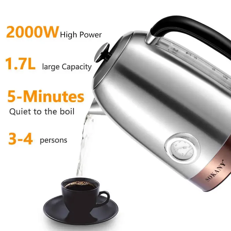 Houselin Stainless Steel Cordless Electric Kettle. 2000W Fast Boil with Water Temperature Display, 1.7 Liter Coffee Kettle