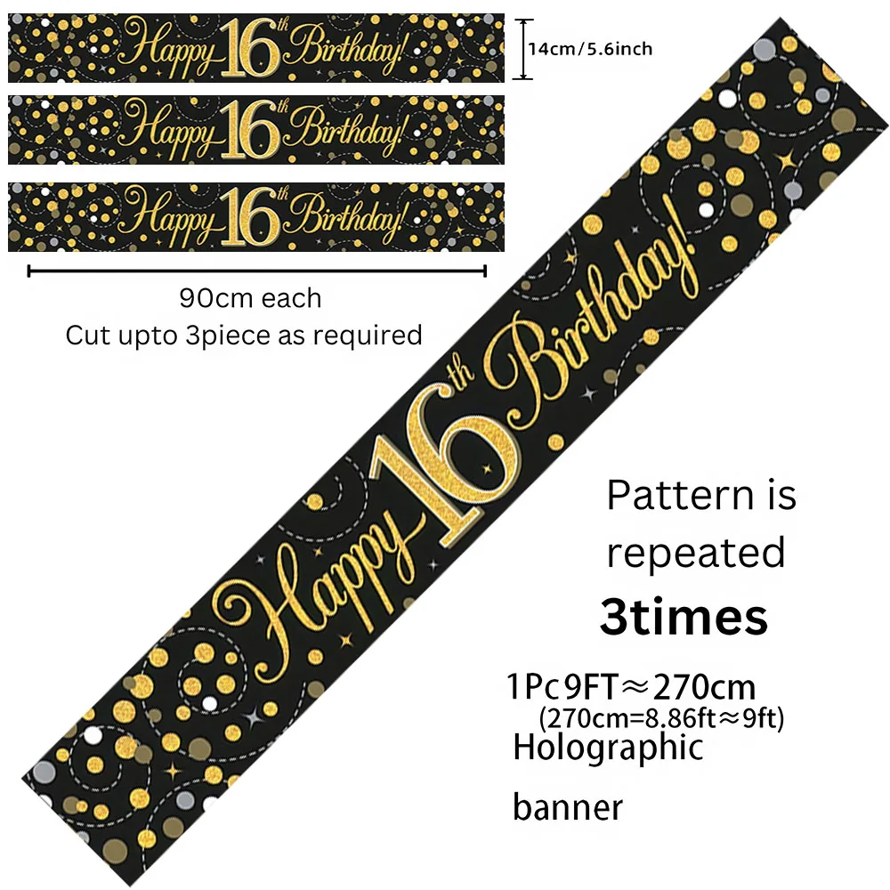 Schwarz-Gold Happy Birthday Banner, 9 Fuß Zuschneidbar mit Glitzerpunkten-Design für 18., 21., 30., 40., 50., 60. Party-Dekoration – Detail 6