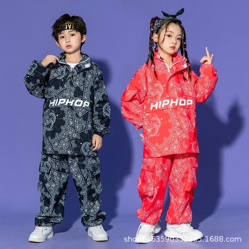 Boy Hip Hop Sweatshirt Joggers Clothes Sets Girls High Collar Paisley Top Cargo Pants Child Street Dance Kids Streetwear Costume