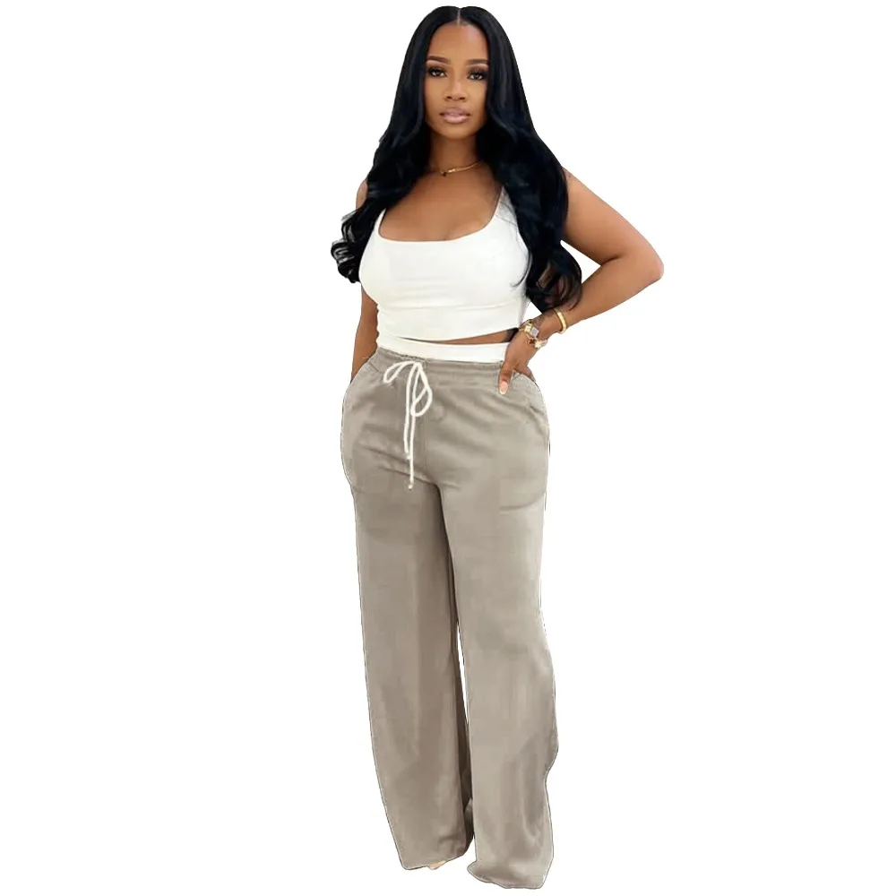 طقم صيفي نسائي أوروبي وأمريكي لعام 2025 - حزام خصر مزدوج عالي الخصر وواسع الساق