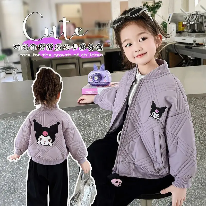 

2024 Kuromi Girls Coat Sanrio Kawaii Anime Winter Thickened Top Cute Cartoon Children Warm Cardigan Clothes Tide Gift for Kids