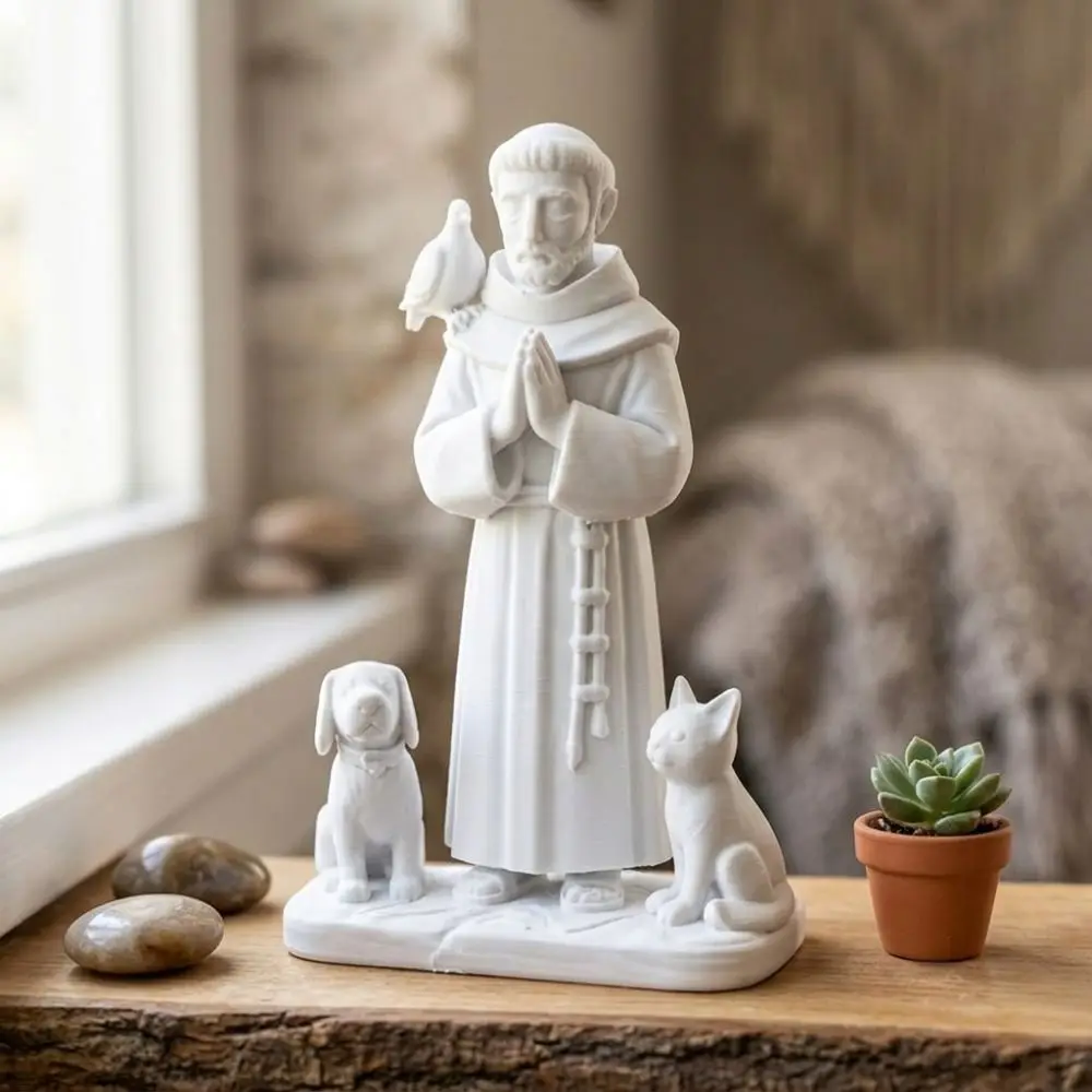3D Printed Saint Francis Statue Animal Companion Praying Hand Pose St Francis Sculpture Plastic Sacred