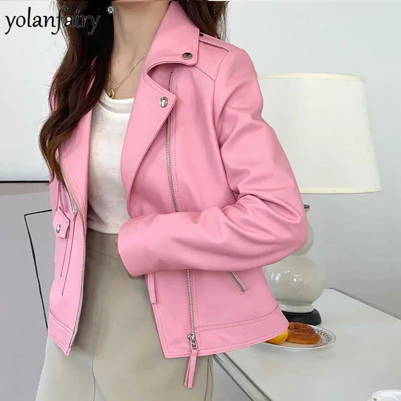 Abrigo de piel de oveja Natural para mujer, chaqueta de cuero genuino para mujer, traje femenino con cuello blanco, prendas de vestir para motocicleta, primavera y otoño 2023, FCY4778