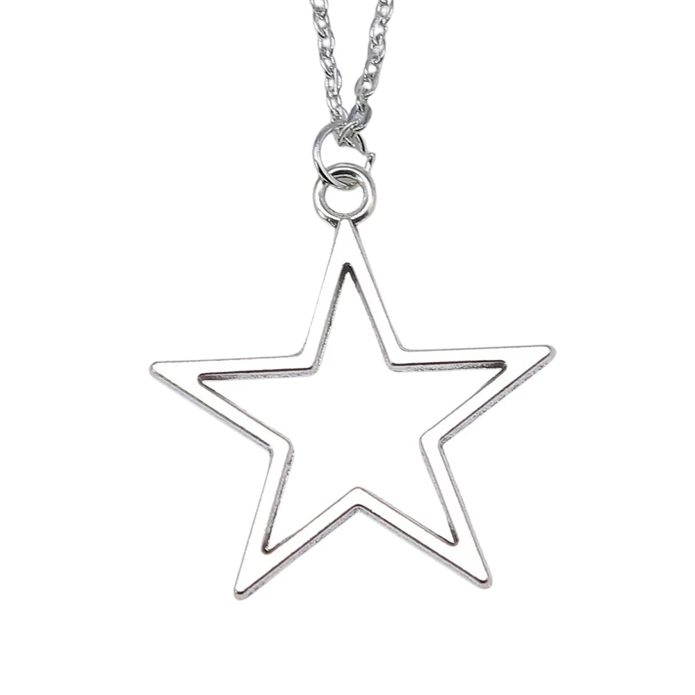 Fashion Simple Vintage Antique Silver Color 36x33mm Hollow Star Pendant Necklace for Women