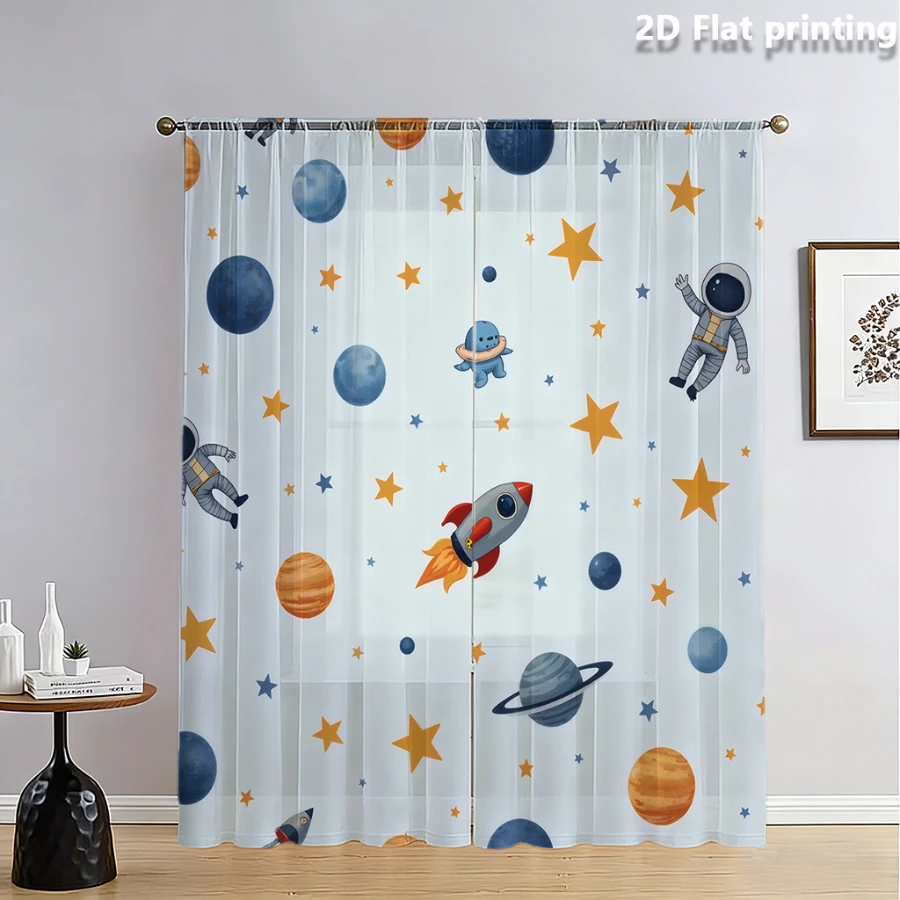 2PCS Digital Print Sheer Curtain, Blue Orange Planet, Vintage Floral Window Curtains for Living Room Bedroom Home Decor