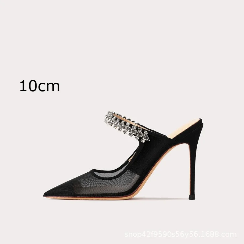 CHMURY Black Pointed Toe Mesh Upper Mules High Heels Shoes for Women Party Designer Wear 6cm 8cm 10cm