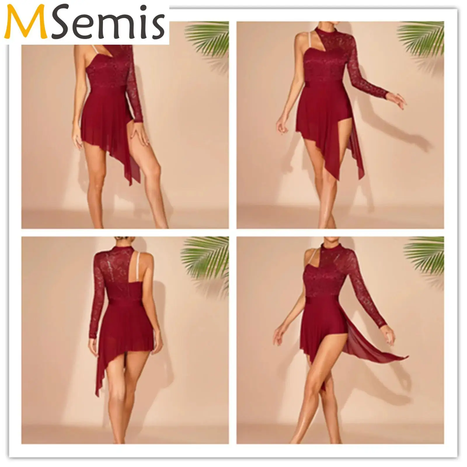 

Womens Fashion Lace Leotard Dress Split See-through Mesh Asymmetric Hem Dance Dresses