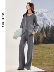 SENTUBILA Knitted Sweater Pant Sets Women 2024 Autumn Winter Outfits Wide Leg Trousers V-Neck Sweater Two Piece Sets W34Z52266