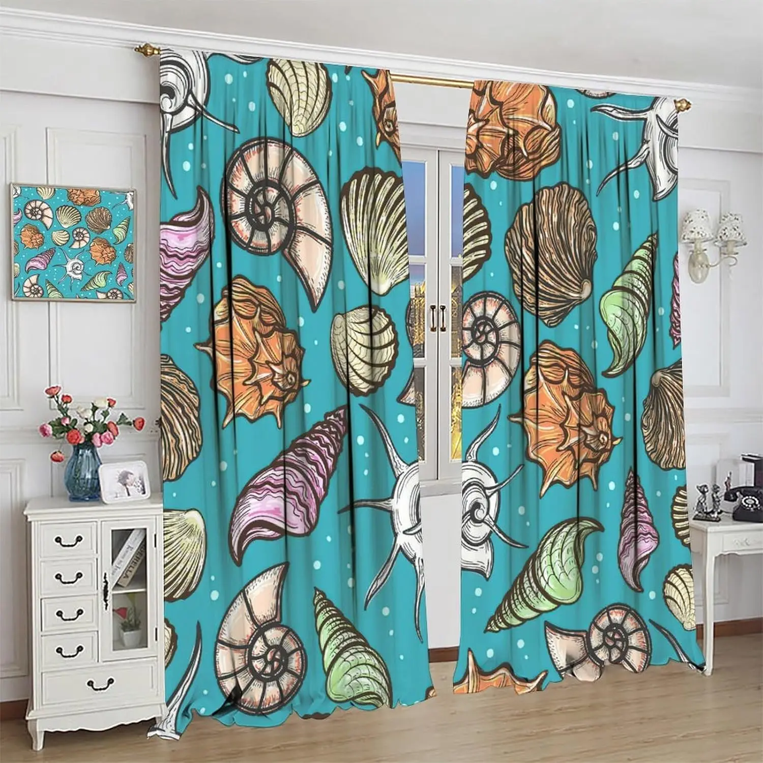 Coastal Beach Ocean Blackout Window Curtains, Nautical Ocean Beach Sea Shells Themed Window Drapes, for Living Room Bedroom