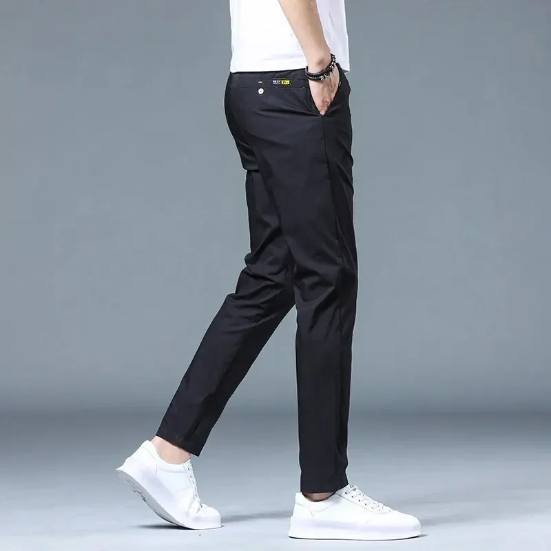 بنطال رياضي رجالي كاجوال من الحرير الجليدي ، كاكي بسيط ، أسود ، نحيف ، مستقيم ، مطاطي ، بنطلون رجالي ، ملابس ماركة ،