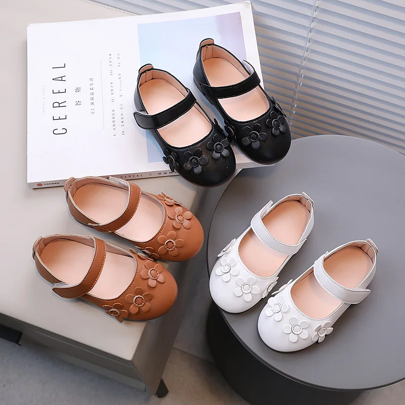 Retro British Style Leather Shoes for Kids Girls Non-slip Soft Soled Casual Leather Shoes for Baby Princess Elegant Flower Shoes