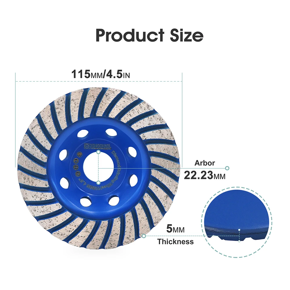 HIGHDRIL 1pc Dia115 /4.5inch Diamond Grinding Wheel Turbo Sintered Sanding Disc Angle Grinder For Concret Masonry Polishing Tool