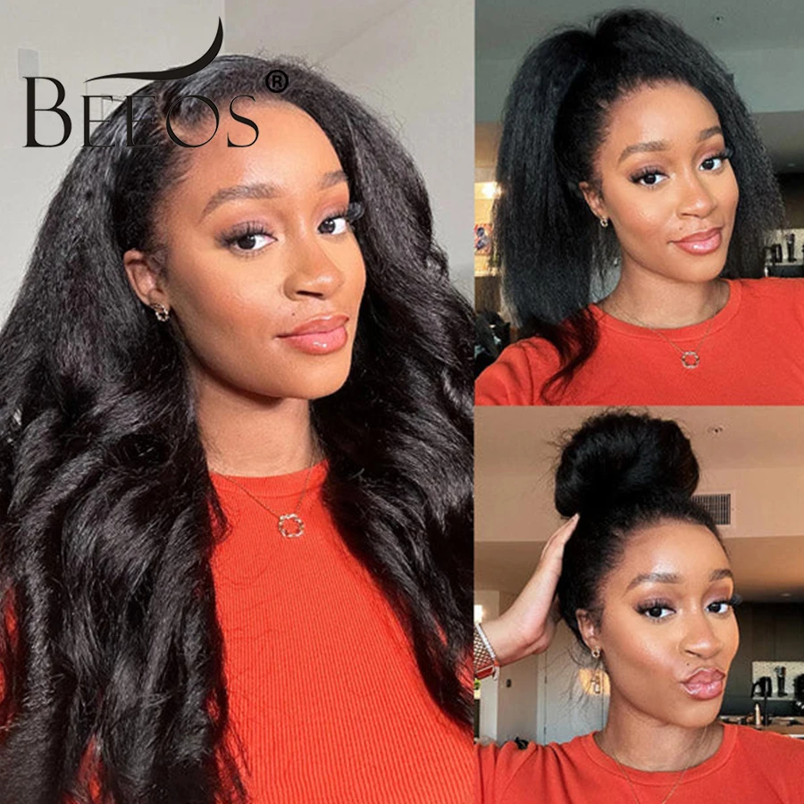 

3 IN 1 Half Wig Kinky Straight Human Hair Wear and Go Machine Made Clip-in Wigs With Drawstring Seamless Upgrade Glueless Wigs