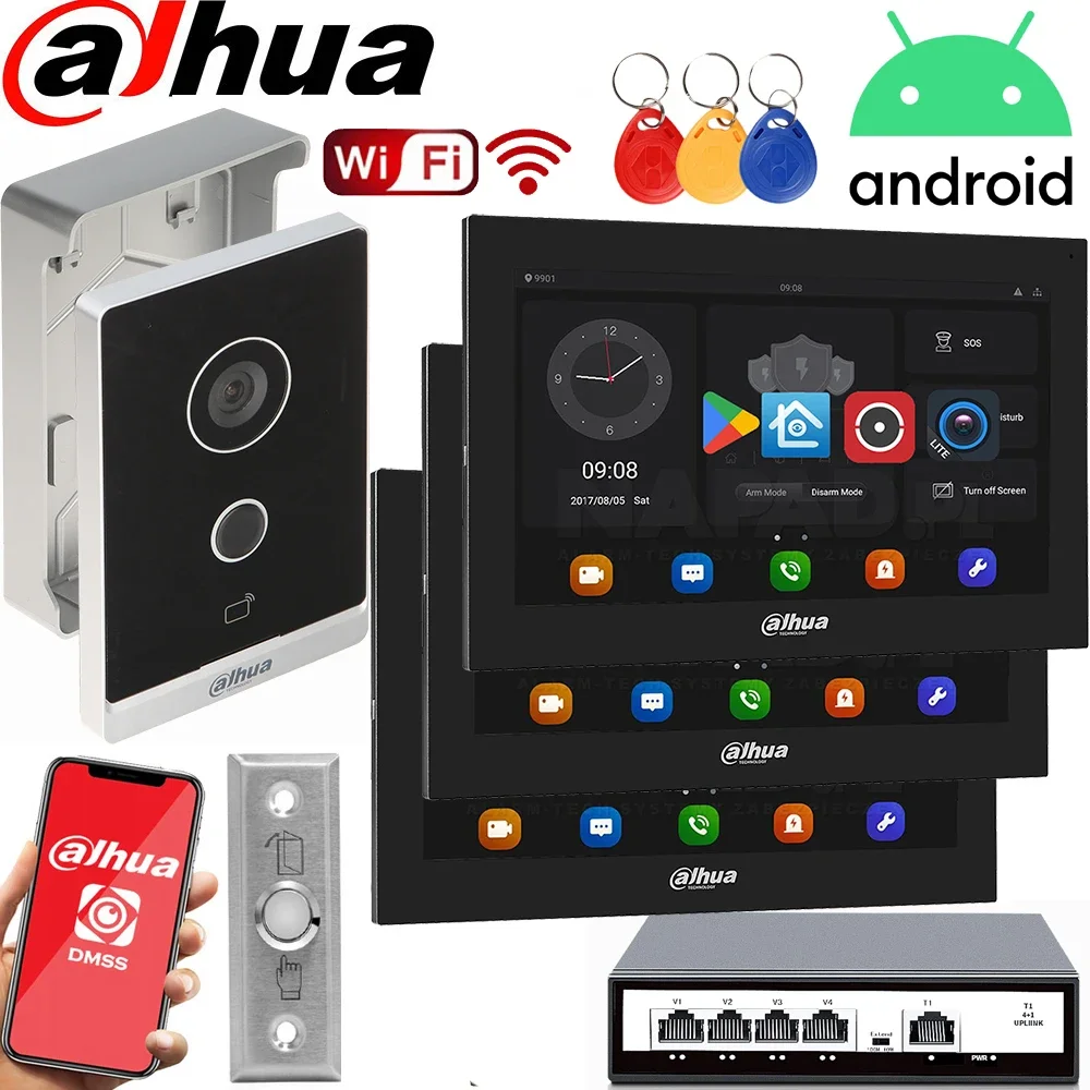 Mutil language Dahua VTO2211G-WP POE WIFI Video Intercom camera kit with 3pcs android monitor IP Villa Door Station