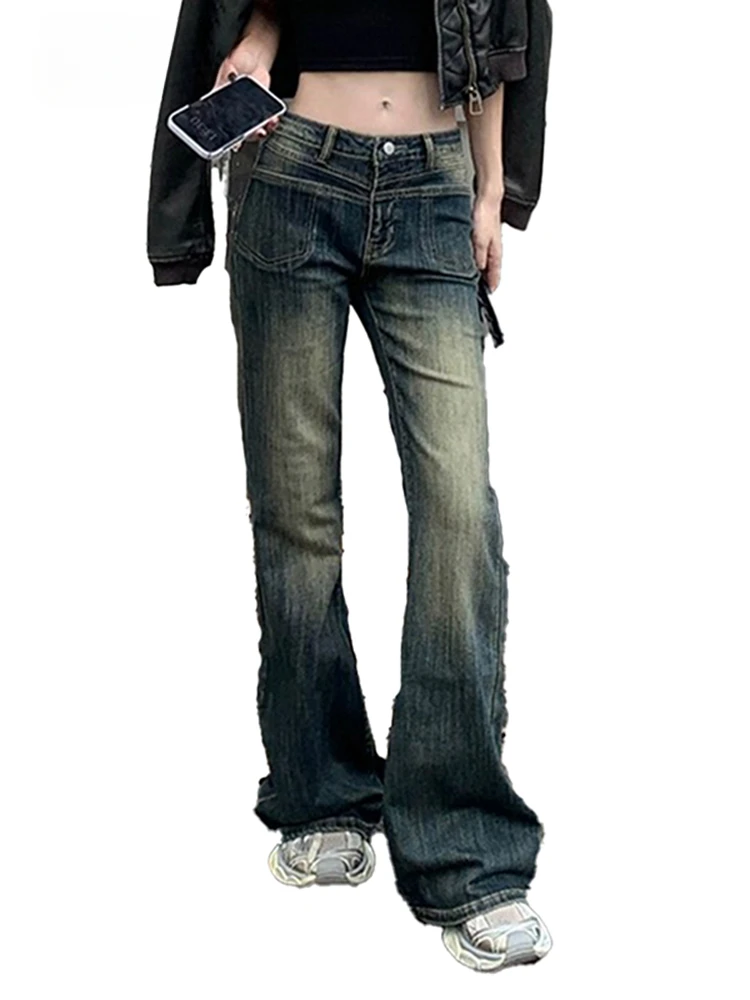 Vintage Blue Washed Slim Y2k Female Jeans High Waist Full Length Casual Chic Pockets Fashion Women's Jeans Office Lady