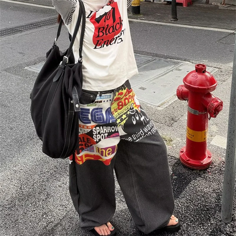 Women's Personality Print Hiphop Trousers 90s Cool Girl Casual Sweatpants Unisex Wide Leg Bottoms Female High Waist Pants