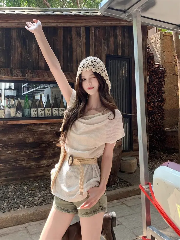 Bohemian Design Knitted T-Shirt Women Summer Shoulder Bared Short Sleeve Loose Fit Pure Color Casual Top Gentle Wind Style