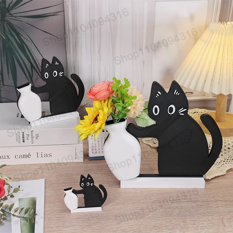 

3D Printed Kitten Vase Cute Black Cat Vase Ornament for Dry Flower Simulation Flower Living Room Decoration