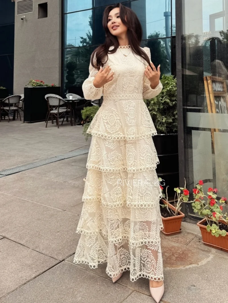 Elegantes Spitzenkleid mit Stickerei Herbstmode Damen 2026 Laternenärmel Maxi Langes Kleid Geburtstag Abend Party Club Kleid