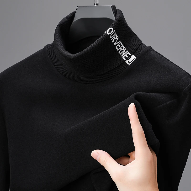 Fashion high neck exquisite letter embroidery men's sweater velvet warm T-shirt Korean style autumn winter new casual pullover