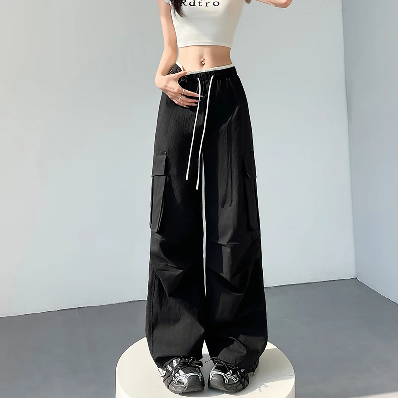 

Рабочие брюки, женские брюки, летний дизайн, контрастный цвет, спортивные брюки с высокой талией, шнурок, два брюк-зонтик.