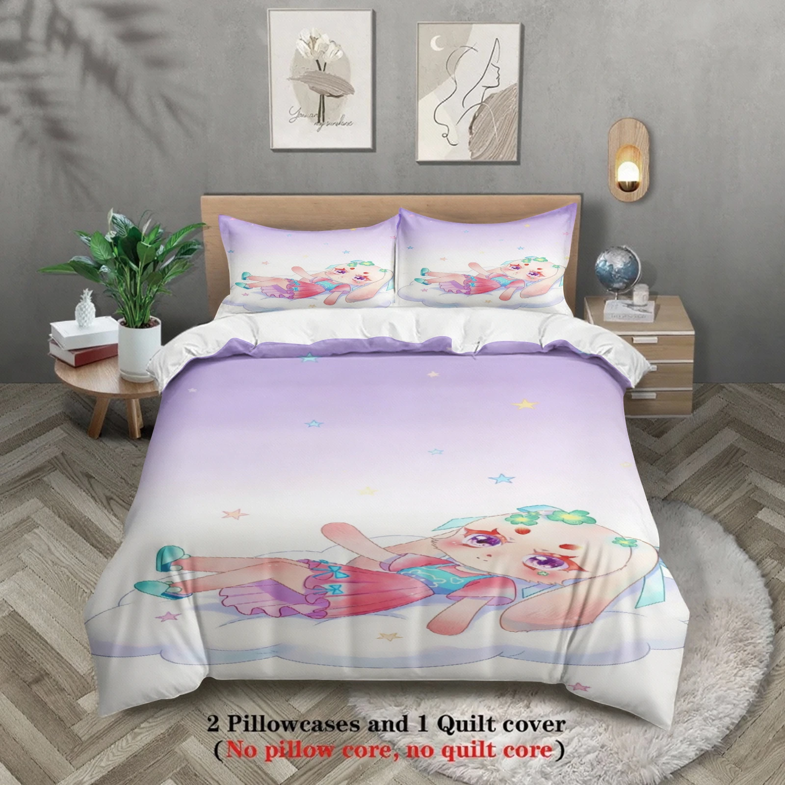 

Softville Cozy Town 3PCS Bedding Sets Lop Rabbit Stretched Lying In Cloud Pinted Duvet Cover No filling Cartoon Style Queen Size