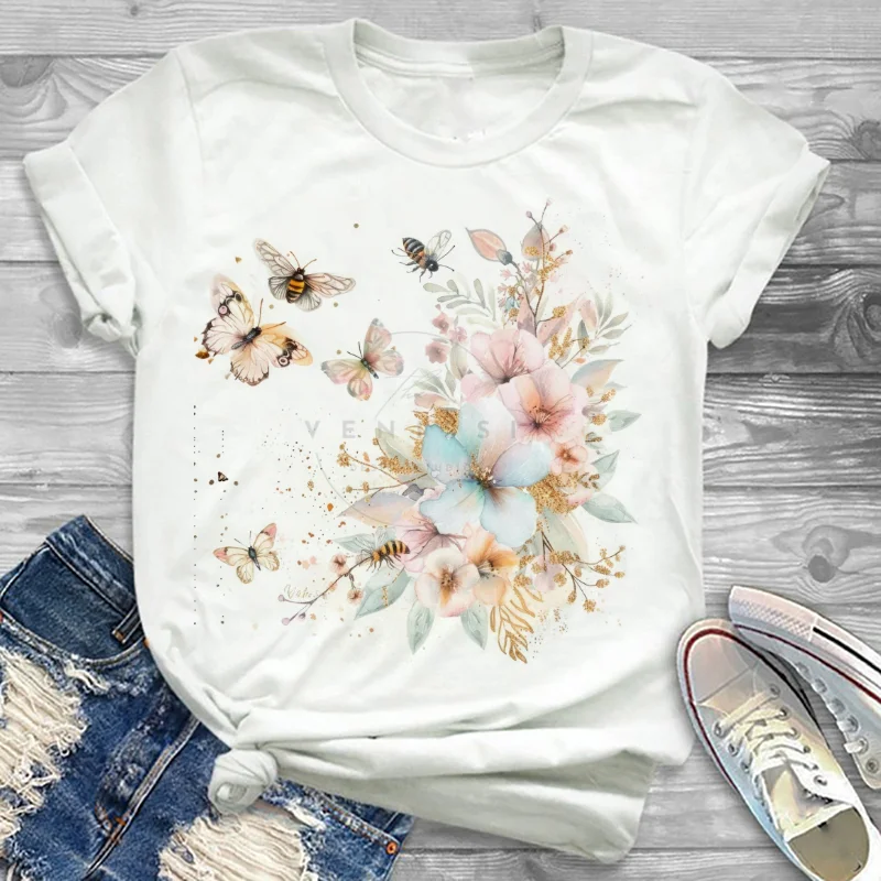 

Женская повседневная футболка с акварельным принтом бабочки и короткими рукавами, милая летняя футболка с круглым вырезом, милая обычная белая футболка