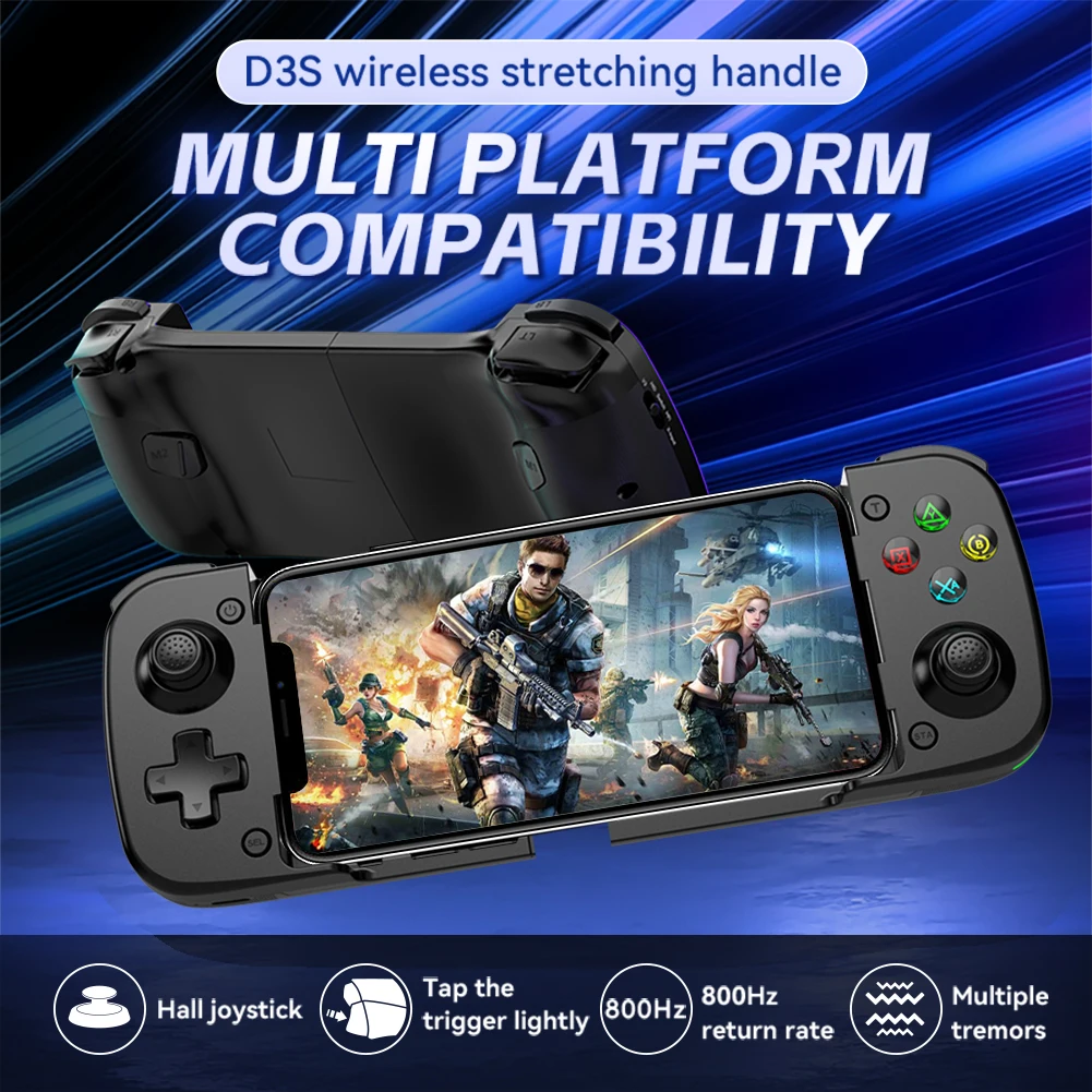 D3S Gamepad Telescopic BT Bluetooth Game Controller Hall Effect Joystick Mobile Gamepad with Turbo/Vibration for Android IOS