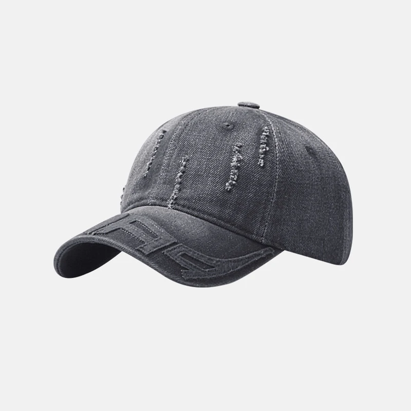 Vertical stripe vintage washed denim baseball cap, embroidered 