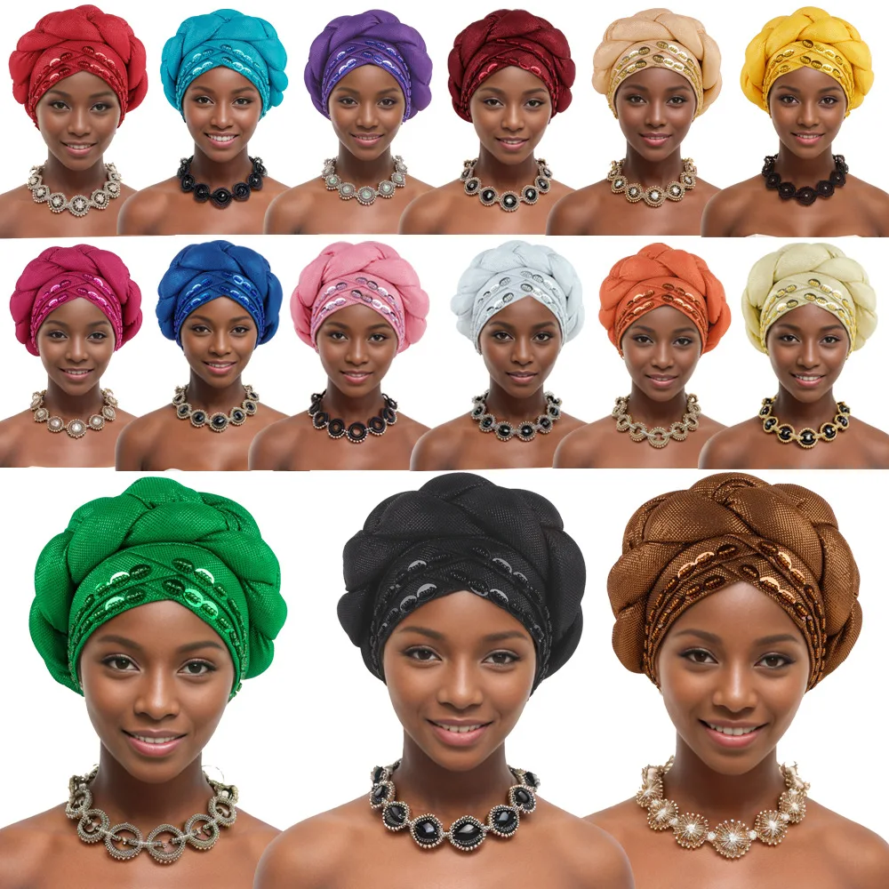 Sequin Hat for Women African Twist Braid Head Wraps Muslim Nigerian Party Headwear Bonnets Indian Turban Cap Auto Gele Headscarf