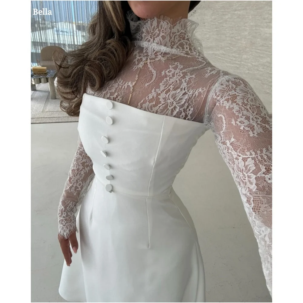 

Bella Customized Button Lace Long Sleeves robes de soirée Satin A-line Strapless Party Dresses Knee-Length High Neck Prom Dress