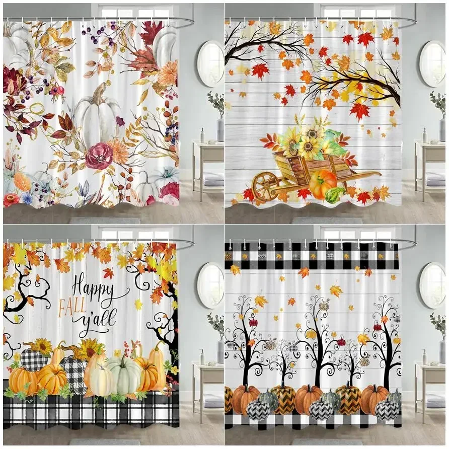 Fall Pumpkin Shower Curtains Yellow Maple Leaves Sunflower Black and White Buffalo Check Rustic Autumn Bathroom Decor with Hooks