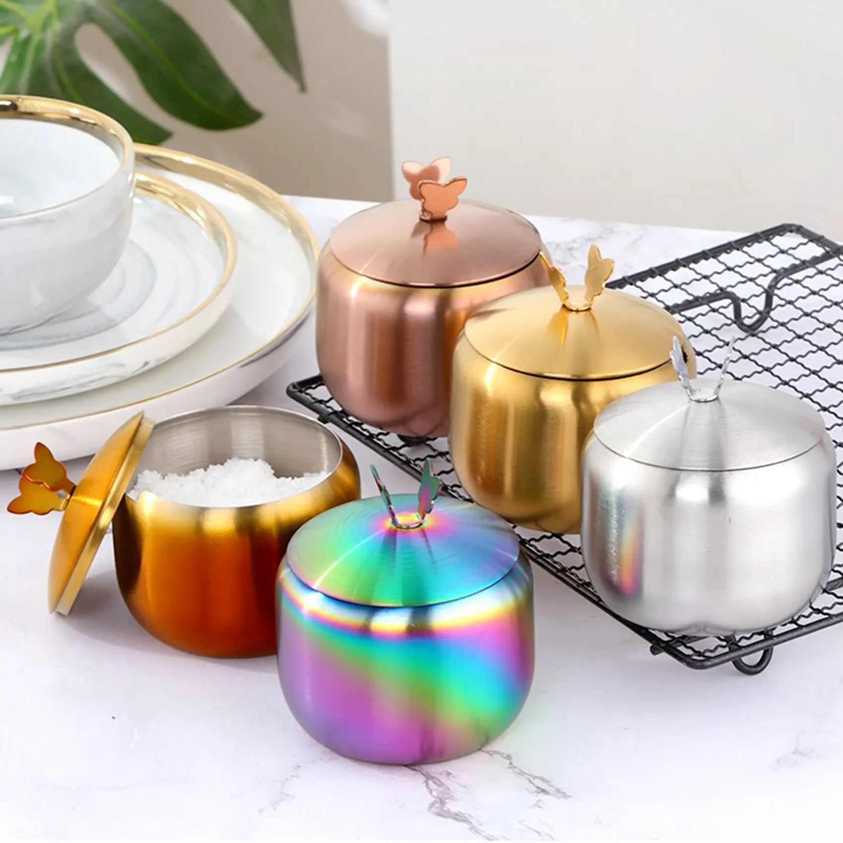 Kitchen Stainless Seasoning Condiment Pot Large Diameter Spice Salt Sugar Container Jar Tool with Lid & Spoon, Silver