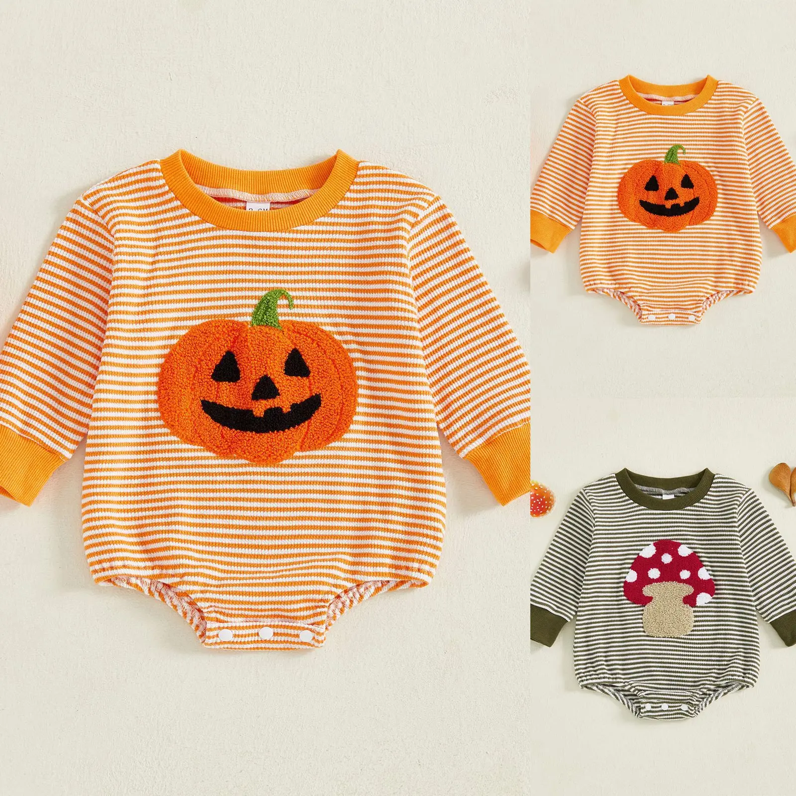 

Baby Long Sleeve Romper Autumn Halloween Cute Pumpkin Embroidered Striped Triangle Jumpsuit Infant Toddler Crawling Clothes